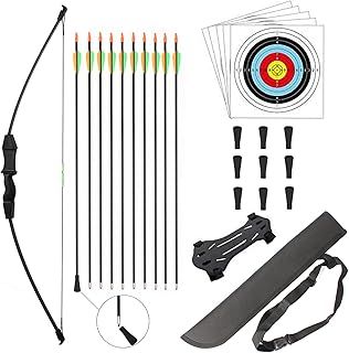 HANSPY Archery Recurve Bow and Arrow Youthbow Set Teens Beginner Gift Longbow Kit 18 Lb with 9 Arrows,9 Safety Arrow Head,5 Target Face, Armground,Quiver,for Backyard Outdoor Sports Hunting
