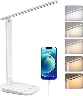Desk lamp, Eye-Caring LED Desk Lamp with USB Charging Port, 5 Light Modes, 700 Lumen Stepless Dimmable Desk Light with Timer, Memory Function, Daylight Desk Lamp for Home Office Study Reading 5V, 2A