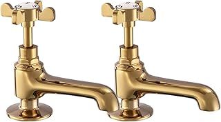 Basin Pillar Taps Pair Polished Gold Basin Sink Hot and Cold Taps Cross Lever Twin Bathroom Taps Victorian Traditional Faucet Vintage Victorian Peppermint