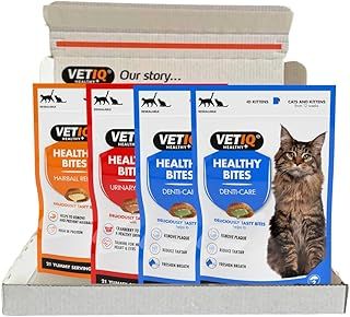 VetIQ Healthybites For Cats Variety Pack 4 x 65g Cat Supplement for Breath & Dental Hairball Removal and Urinary Care Tasty Pet Remedy with Chicken Duck Cheese & Catnip