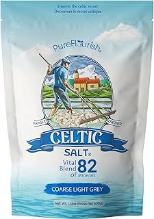Pure Flourish Celtic Salt - 600g | 100% Organic Unrefined Celtic Salt | Rich in 82+ Essential Minerals | Hand Harvested Light Grey Celtic Salt Crystals from France