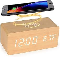 Wooden Digital Alarm Clock with Wireless Charging Station, 5 W Fast Wireless Charger for iPhone/Samsung Galaxy, Digital Alarm Clock without Ticking, Alarm Clock Clock for Bedroom, Home, Office
