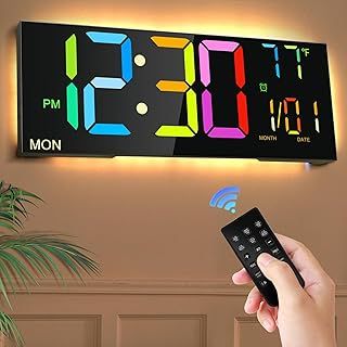 13" Digital Wall Clock with RC Large Digital Clock Display and Night Light with 9 RGB Colours DIDI Ringtones Dual Alarm Clock Auto Dimming 12/24H Countdown Weekly Display for Bedroom Office