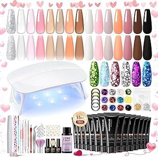 PEACECOLOR 42PCS Poly Extension Gel Nail Kit Clear Pink Nude with Lamp,15 Colors Poly Nail Gel 12PCS Nail Decoration Glitter,Basic Manicure Tools Builder for Starter Kit