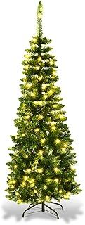 COSTWAY 4.5FT/5FT/6FT/6.5FT/7.5FT Pre-lit Slim Christmas Tree, Hinged Pencil Xmas Tree with Warm LED Lights, Foldable Metal Stand & Superior PVC Leaves, Holiday Decoration for Home and Shops(7.5FT)