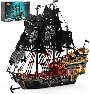 JMBricklayer Pirate Ship Building Toy Sets with Lights, 40002 Pearl Pirate Ship Model Boat to Build, Black Ship Toy Building Block for Adult, Home Office Decor Gift for Boys Girls 14+ (1713 PCS)