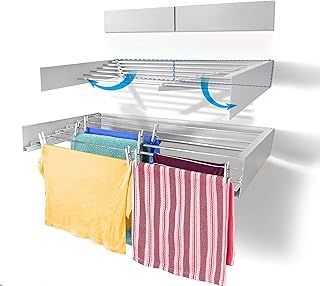 Step Up Laundry Drying Rack, Wall Mounted, Retractable Clothes Drying Rack, 25kg Capacity, 6 metres with Wall Template and Long Drill Bit - 100cm WHITE