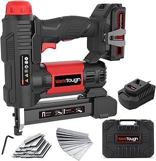 Werktough 20v Cordless Staple Gun Brad Nailer 2 in 1 1 Hour Fast Charger 2000MA Lithium Battery 2000pcs Free Staples(Type55 20mmx1000+Type47 25mmx1000) in Tool Case