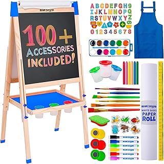 Blue Squid Art Easel for Kids - Dual-Sided Adjustable Wooden Painting Easels, Ideal Toddlers and Children Gifts - with Magnetic Chalk Board, White Board & Paper Roll, Includes Accessories
