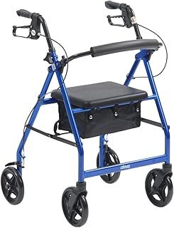 Drive DeVilbiss Lightweight Aluminium Rollator with Seat and Backrest – Four Wheel (8 Inch, Vivid Blue)