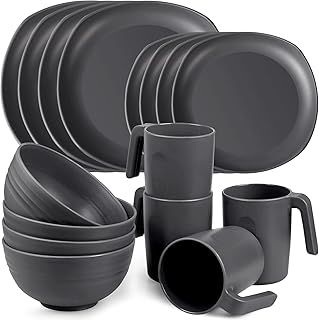Unbreakable Lightweight Dinnerware Sets, Plastic Dinner Set, 4 Dining Plates, 4 Bowls, 4 Cups, Microwave and Dishwasher Safe, Camping Tableware for Kids and Adults, Service for 4(Grey)