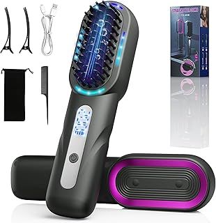 Portable Hot Comb, Negative Ion Hair Straightener Brush - 4 Temperature Settings, USB Rechargeable - Anti-Scald