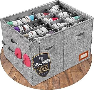 Tydi Shoe Storage Box – Ultra-Stiff Shoe Organiser with Clear Zip Cover, Tag Insert & 16 Compartments – Stackable Shoe Storage Solution & Space Saver for Closet & Wardrobe - Grey