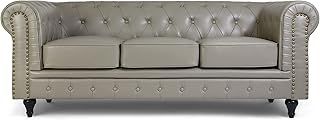 Leather Chesterfield Sofa- Grey. 3 Seater Settee, Faux Bonded Leather Vintage Couch. Living Room Furniture, Easy Clean. 3 Seater- 209cm x 90cm x 78cm