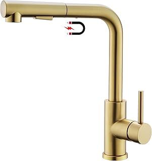 Tohlar Gold Kitchen Tap, Kitchen Taps with Pull Out Sprayer, Brushed Gold Stainless Steel Mixer Taps 1 Hole 360° Swivel Spout Magnet Bar Sink Faucet 2 Water Modes, Single Lever Kitchen Tap in Gold