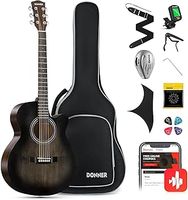Donner Acoustic Guitar 4/4 Beginner Guitar Starter Bundle Kit 40 Inch Cutaway with Pickup Bag Tuner Capo Strap Mini Jumbo for Adult Travel Teen Right Hand Black