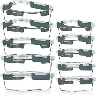 VERONES 10 Pack Glass Meal Prep Containers, Airtight Glass Lunch Containers, Stackable Glass Food Storage Containers Set with Lids,BPA-Free, for Microwave, Oven, Freezer & Dishwasher Friendly,Grey