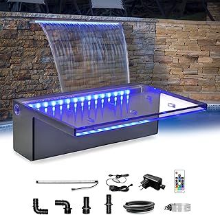 LONGRUN Waterfall Pool Fountain, Pond Cascade 30cm, Acrylic Steel Waterfall Spillway Blade with 7 Colors LED Light, Complete Waterfall & Stream Kits for Outdoor Garden Pool Water Features