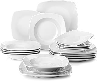 MALACASA, Series Julia, 18-Piece Dinner Sets Ivory White Porcelain Square Plates and Bowls Set Crockery Set Dinner Service Set for 6