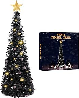 Fovths 5 Feet Christmas Black Tinsel Tree Coastal Glittery Collapsible Pop Up Artificial Tree with Gold Tree Topper 55 LED Lights for Christmas Decorations, Home Decor, Party Supplies