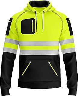 mymixtrendz Mens Hi Vis Zip Up Multi Zipper Pockets Safety Work Wear Hoodie Reflective Tape High Viz High Visibility Zipper Hoodie Sweatshirt S-2XL