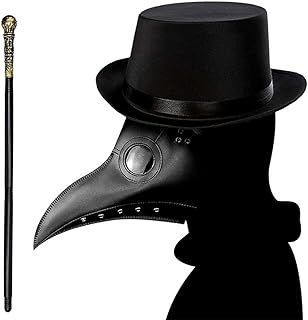 Lifreer Plague Doctor Mask + Top Hat + Handheld Cane, Halloween Cosplay Costume Props,Black,M