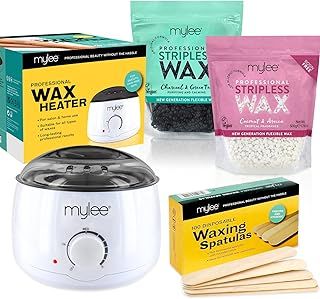 Mylee Professional Waxing Kit with Wax Heater, Hard Wax Beads 500g, Spatulas - Stripless Depilatory Waxing Pellets Solid Film Beans No Strip Needed, Made in The UK (Both Wax Pouches)