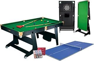 Riley 4-in-1 6ft Folding Snooker & Pool Games Table - with Table Tennis & Soft Tip Dart Board - Vertical Leg Folding System + Cues & Balls