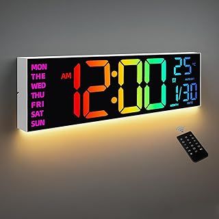8 Colors Digital Wall Clock, 16.2" Large Digital Clock with Temperature, Date, Auto DST, Night Light, Auto Brightness Dimmer, 24/12-hour Wall Clock for Living Room Office Classroom Gym