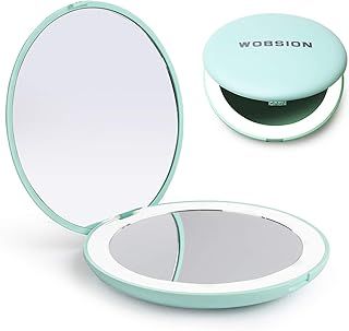 Wobsion LED Lighted Travel Makeup Mirror, 1x/10x Magnification Compact, Portable for Handbag, Purse, Pocket, 3.5 inch Illuminated Folding, Handheld 2-Sided Round Cyan Mirror