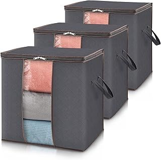 Lifewit 3 Pack 90L Clothes Storage Bag Boxes, Wardrobe Storage Organiser Packing Boxes for Moving House with Reinforced Handle Thick Fabric Clear Window for Clothing Duvet Blankets Bedding, Grey