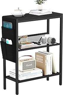 Yusong Small Narrow Side Table for Small Spaces, Slim End Table with Storage Bag, Sofa Snack Table with Adjustable Metal Mesh, 3 Tier Accent Skinny Beside Table for Living Room & Bedroom, Black Oak