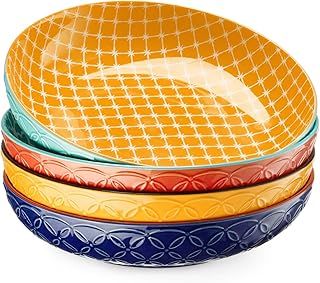 Pasta Bowl Set of 4, Large Salad Bowls, Ø 21.5 cm Porcelain Serving Plates, Wide and Shallow Ceramic Bowl for Kitchen, Pasta, Salad, Fruit, Noodle, Dinner, Microwave & Oven Safe, Vibrant Color