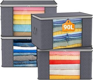 90L Large Capacity Clothes Storage Bags with Zips, Foldable Clothing Storage Bags Organizer with Reinforced Handle Thick Fabric for Comforters, Clothes, Blankets, Bedding, 4 Pack, Dark Grey