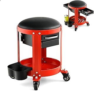 Rolling Workshop Creeper Seat, Rolling Mechanic Creeper Stool with 4 Universal Wheels, Double Drawers & Can Holders, Padded Repair Shop Garage Roller Toolbox Stool Work Seat, 150KG Capacity
