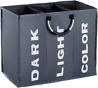 3 Sections Large Laundry Hamper, Collapsible Laundry Bag, Foldable Laundry Basket, Portable Storage Bag Bin with Carry Handles, Dirty Clothes Bag for Bathroom, Bedroom， 90L, Dark Grey