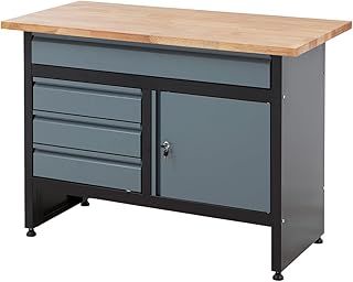 BiGDUG Garage Workbench Drawer Cabinet - Workshop Storage Workstation - 842H x 1200W x 600D mm - 4x Drawer & 1 Door Cupboard - Black/Grey