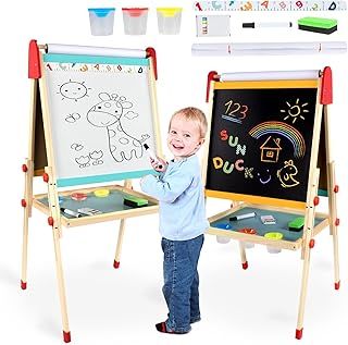 aiwo Art Easel for Kids, Wooden Double-Sided Magnetic Chalkboard & Whiteboard, Height Adjustable Painting Easel Blackboard for Toddler