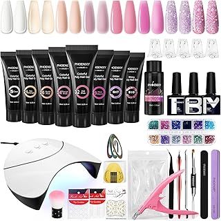 Phoenixy Poly Nail Gel Kit, 8 Colours Poly Gel Nail Extension Kit Complete with 36W U V/LED Lamp, Manicure Kit with Base Coat and Top Coat, Nail Art Gifts for Beginners
