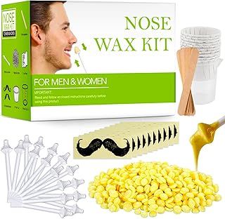 Nose Wax Kit for Men and Women, Nose Hair Removal Wax with 100g Nasal Hair Wax 20 Safe Tip 10 Wooden Applicators, 10 Containers and 10 Moustache Stencils,Painless, Easy and Quick