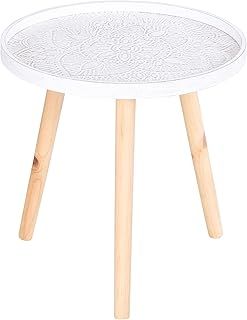 HOMCOM Coffee Table, Carved Floral Round Table with Tray-style Top and Wood Legs, Modern Side Table for Living Room, White