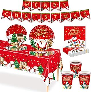 69Pcs Christmas Paper Party Tableware Set,Blue Xmas Santa Snowman Print Table Decoration with Paper Cups,Tablecloth,Paper Plates and Napkins for Christmas Eve Home Party Favors Supplies