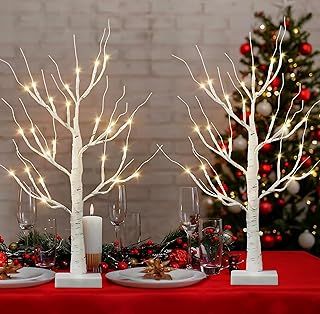 MOSII Set of 2 Birch Twig Tree with Lights for Tabletop Decorations 60cm/2FT, 24 Warm White LEDs Birch Tree Battery Operated for Home Party Wedding Easter Christmas Table Centrepiece
