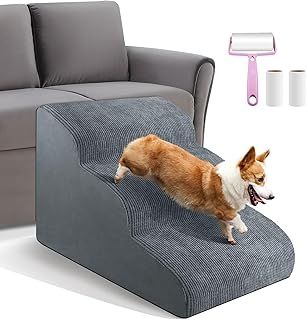 Dog Stairs 3 Steps for Small Dogs Cats Grey, Dog Steps Pet Ramp Ladder for Sofa Bed Non-Slip Foam with Removable Washable Cover, Send Lint Sticky Roller Set