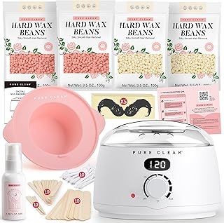 PURECLEAN White Waxing Kit - Fast Heating Digital Wax Pot - 4 Packs Waxing Beads, Post Wax Lotion, Silicone Bowl - 59 Items for All Hair Types- Face Brazilian Bikini Body