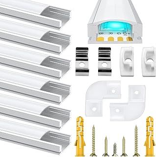 6 Pack Led Aluminum Profile, 1Meter/3.3ft U-Shape Led Aluminum Channel, Led Profile with Milky White Cover. LED Channels and LED Diffusers with End Caps, Mounting Clips and Corner Connectors