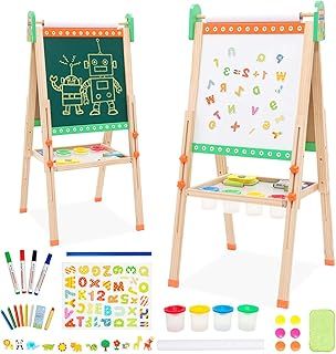 Art Painting Board for Kids,Wooden Double Sided Kids Easel with Whiteboard & Blackboard,Height Adjustable Art Easel with Painting Accessories for Boys and Girls