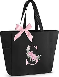 Vavabox A-Z Initial Personalized Tote Bag,Waterproof Gifts for Women, Bridesmaids,Mom,Teachers,Friends (S, Black)