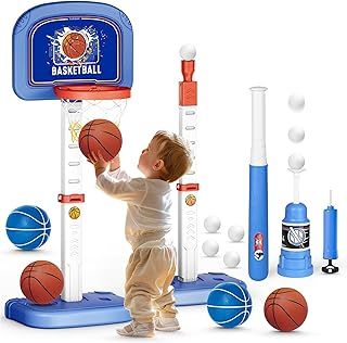 Kids Basketball Hoop, Adjustable Inddor Basketball Hoop and Stand Outdoor T Ball Set with 4 Basketballs & 4 baseballs, Toy Basketball Hoop for Toddlers Boys Gifts