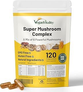 Mushroom Complex 6 Lions Mane Mushroom Supplement 120 Capsules High Strength Vegan Supplement with Lions Mane, Reishi, Chaga Mushroom Powder, Shitake, Cordyceps & Maitake (120 Capsules)